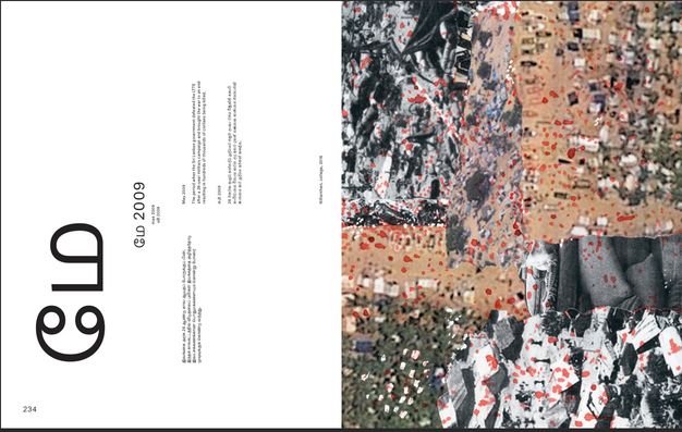 Pages of a book. Both pages are printed sideways so the book opens up instead of out. On the right page in this view, black and white images photographs are of sandbags, tents, and perhaps a battlefield and colour photographs show towns or forests from high aerial perspectives. The whole is spattered with red. The left page has text in English, Sinhala, and Tamil.