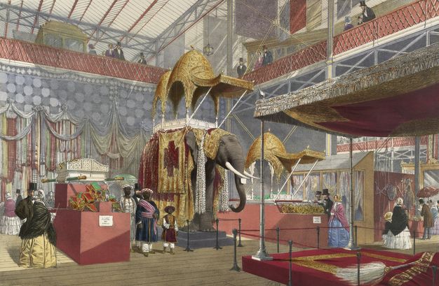 Illustration. A cavernous space has a taxidermy elephant at the centre. The animal is draped in red and gold cloth below a covered structure called a howdah. Two adults and one child with dark skin walk near the elephant. Pale-skinned men and women move around the exhibition or look down from a balcony level above.