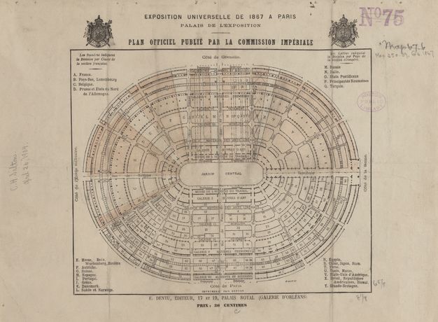 Plan. An oval floor plan has concentric rings around radiating hallways or walkways. The rooms are numbered, and a legend appears in the corners outside the floorplan.