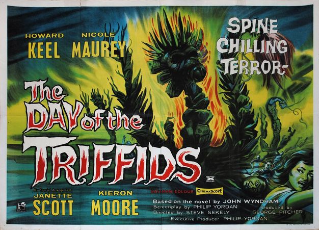 Film poster. A woman runs screaming from the flaming tentacles of a towering plant.