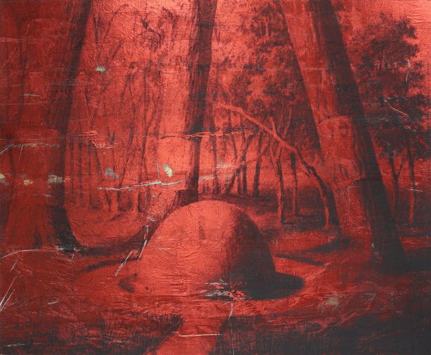Mixed media. A dome-shaped form appears to be surrounded by a body of water, like a moat. Trees grow up and over the mound, the three trunks closest to us reaching off the top edge of the composition before shooting out a branch. The whole scene is in tones of brick and garnet red.