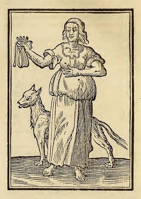 Illustration. A woman with scraggly hair holds a purse out in one hand. A dog stands behind her.