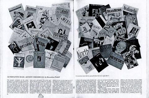 Pages of a periodical. Black and white illustrations on facing pages show a jumble of periodical covers in English, French, and German. The title of the article is below, over six columns of text in English that span the two pages.