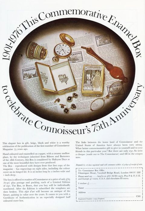 Ad. A colour reproduction in a sideways oval shows a collection of objects, including cufflinks, glasses, a pocket watch, and a loupe-like magnifying device, on a spread of printed pages. Text around the oval reads, “1901-1976 This Commemorative Enamel Box to celebrate Connoisseur’s 75th Anniversary”. Text continues in two columns below above an order form.