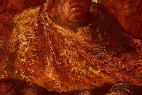Painting. Detail view shows the gold and port-wine-red cloak of a man with red skin and heavy features. The paint is visibly built up.