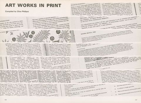 Pages of a periodical. Strips of pictures of printed text span this two-page spread, angling slightly down and to our right. The strips are of publications typed in different fonts and with spacing, and two include illustrations. All text is in English.