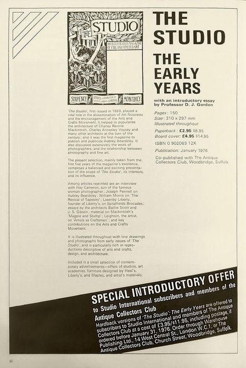 Ad. The front cover of the Studio International periodical is illustrated next to text reading, “The Studio The Early Years with an introductory essay by Professor D. J. Gordon”. A detailed write-up is printed over a banner reading, “Special Introductory Offer”.