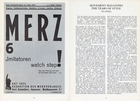 Pages of a book. The left page is illustrated with the grey cover of a journal titled “Merz” in tall, bold letters that take up the top third of the page. German text is above and below. Two columns of an article in English are printed to our right.