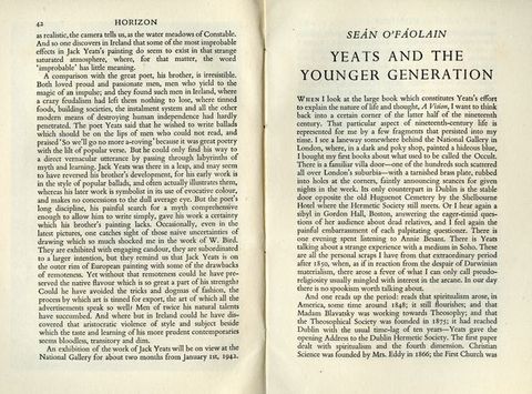 Pages of a book. The last page of an essay is to our left, under the heading “Horizon”. A new essay, “Yeats and the Younger Generation” by Seán O’Fáolain begins on the right page.