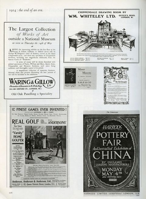 Page from a periodical. Six ads reproduced in black and white are arrayed on a page.