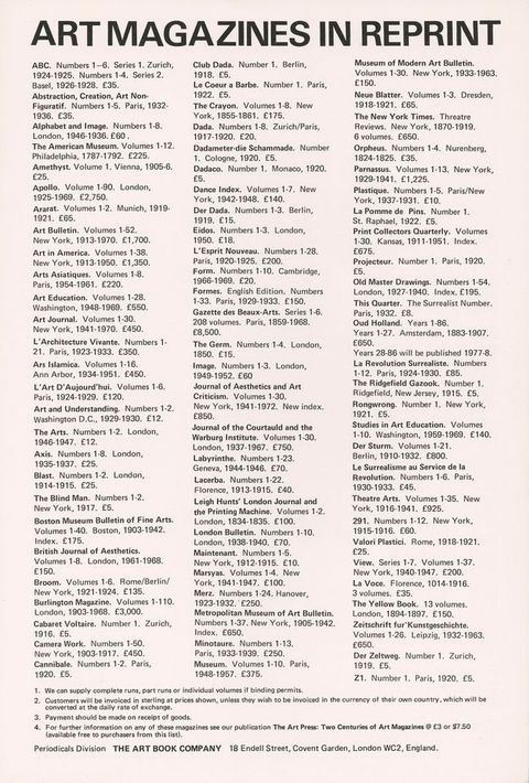 Ad. Text across the top of the page reads, “Art Magazines in Reprint”. Three columns of titles and prices follows.