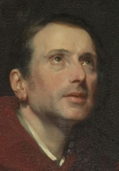 Painting. Full length portrait of a clean shaven, pale-skinned man, George the Fourth, wearing a military uniform stands next to a silvery-white horse. The man’s body faces us as he turns to look off to our left, almost in profile. He holds a sword by one side. The horse faces away from us so the tail blows across its back legs. Dark grey, blue, and purple clouds roil in the sky above.