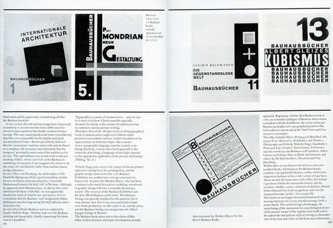 Periodical spread. Facing pages are illustrated with book cover designs and an ad, all in German. Text in English fills the rest of the page.