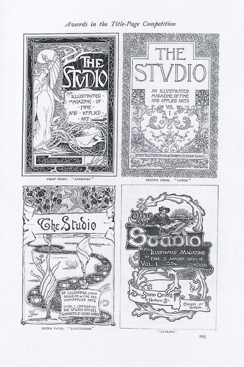 Illustration. Four covers of The Studio periodical reproduced here are line drawings or prints with curling foliations, flowers, and people in landscapes or purely ornamental designs. Each is captioned reading, from top left to bottom right, as follows: “First Prize, ‘Athenian’”, “Second Prize, ‘Lucca’”, “Extra Prize, ‘Langtonian’”, and “‘Lueline’”.