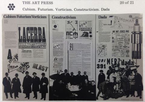 Black and white microfiche. Three panels layer images of text, periodicals, and people. The leftmost is headed, “Cubism Futurism Vorticism”, the centre is “Constructivism”, and the third, “Dada”.