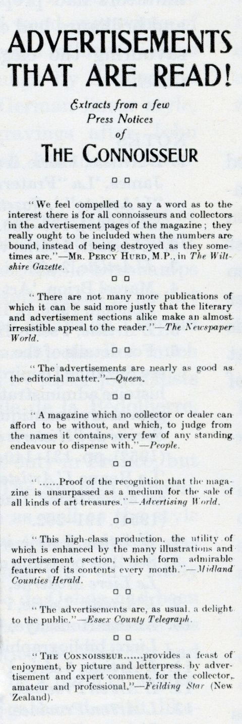 Ad. A subheading under the title reads, “Extracts from a few Press Notices of The Connoisseur”. Eight quoted reviews follow.