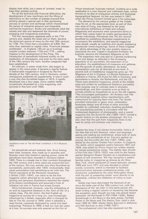 Page from a periodical. A black and white illustration of a five-panelled screen is captioned, “Installation view of ‘The Art Press’ exhibition, V&A Museum, 1976”. Two columns of text surround the image.