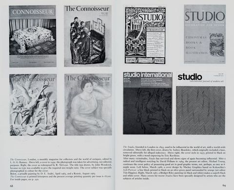 Pages of a book. Four front covers of “The Connoisseur” are illustrated in black and white on the left page, and four covers of the journal “The Studio”, which is also titled “studio international” on some covers, is to our right. Text along the bottom of each page gives a brief history of each.