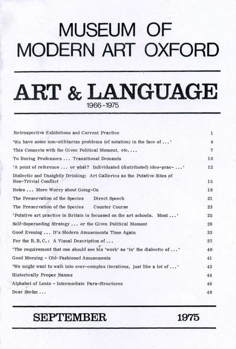 Periodical cover. Black text fills the white page. Large text at the top reads, “Museum of Modern Art Oxford”. The table of contents is in smaller type below the title.