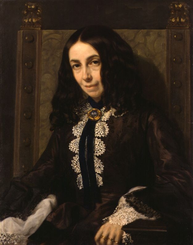 Painting. Shown from the waist up, a pale-skinned woman sits in a chair that fills the space behind her. Her dark hair is parted down the middle and partially falls across one cheek as her head tips away from us. She looks at us with hooded eyes, the corners of her mouth pulled slightly back.
