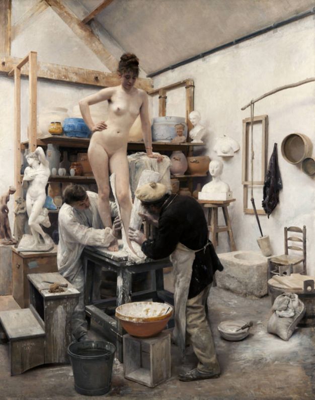 Painting A nude, pale-skinned woman stands on a table as two men take a cast of one leg from foot to mid-thigh. The woman leans her torso heavily against one hand resting on a ledge, the other planted on her hip as she looks down at the men working. Plaster casts, jugs, and other materials fill the workshop space.