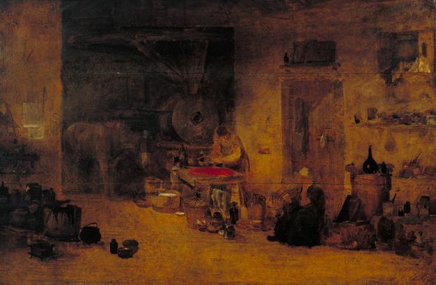 Painting. A man works on a flat stone, making scarlet red paint. The room is filled with baskets, jars, and bottles. A woman sits to one side and a donkey looks in from our left. A mill wheel is in the shadows beyond the animal.