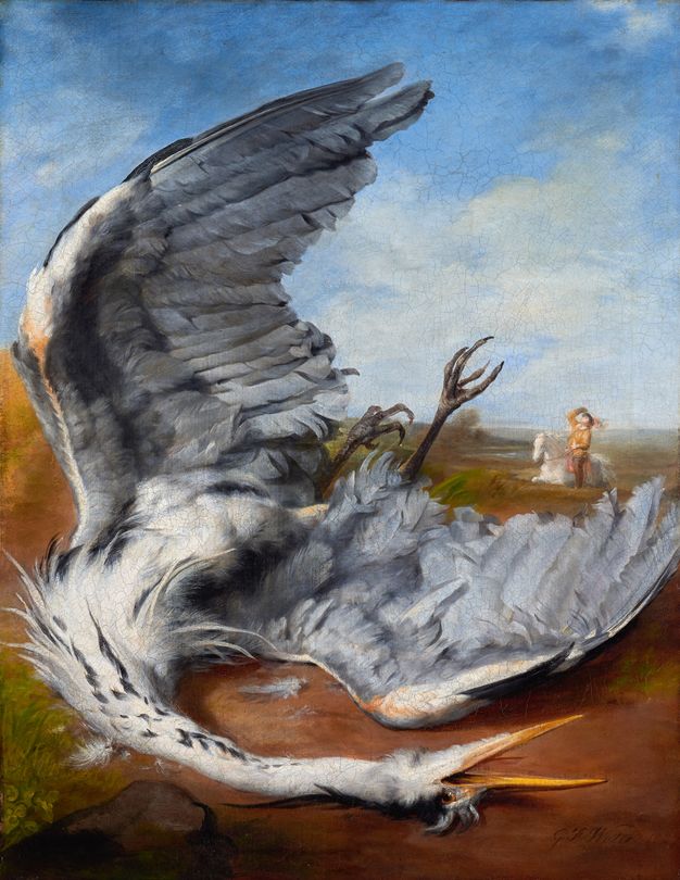Painting. The splayed wings of a white and grey heron make a C shape that fills all but the upper right quadrant of this composition. In the distance to our right, a person on horseback looks up to the sky as they shade their eyes.