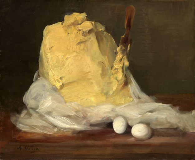 Painting. A mound of loosely painted butter fills most of this nearly square composition. A white wrapper or fabric is pulled down around the base of the mound. A wooden paddle is stuck into the mound, and two eggs, small in scale, sit on the wood ledge in front.
