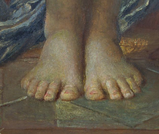 Painting. Detail view of a pair of pale-skinned feet. The feet are together and the toes come towards us in front of a blue cloth. The surface is finely textured.