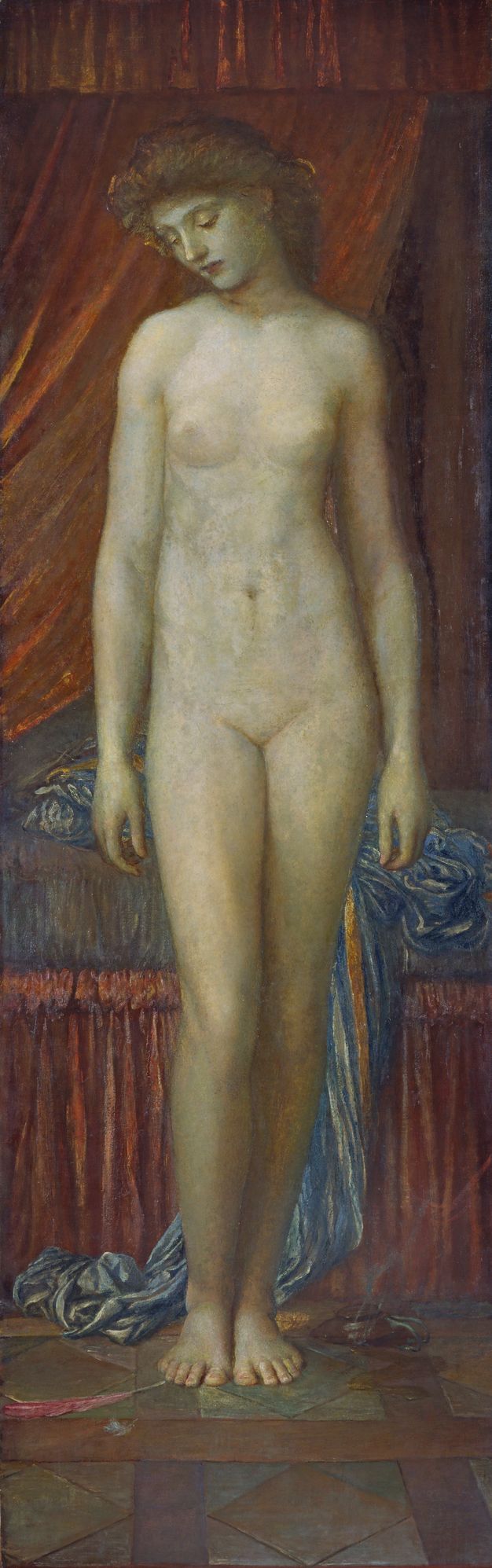 Painting. A pale-skinned, nude woman stands facing us in this tall, narrow composition. Her head is tipped down and to our left, her eyes downcast or closed. The skin on her face is noticeably ashen. A bed draped with red and blue fills the background.