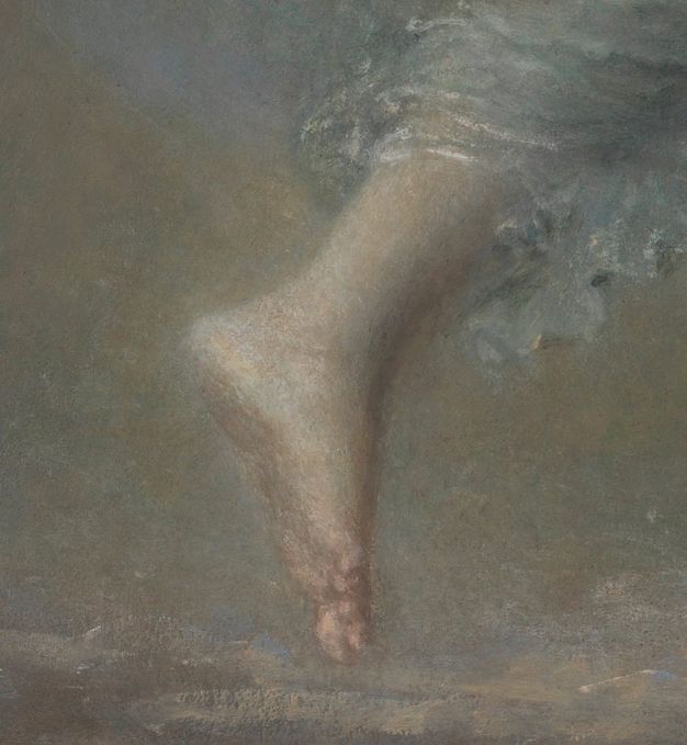 Painting. Detail view of one pale-skinned foot with silvery-blue fabric swirling around the shin. The foot is lifted so we look onto the pink highlights on the underside of the toes.