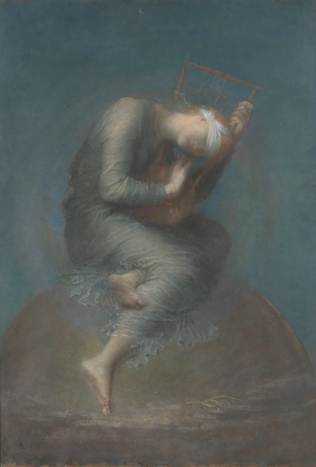 Painting. A blindfolded, pale-skinned woman curls around a lyre with one string intact. A fog-blue garment wraps tightly around her body. She sits on a rounded brown dome against a slate-blue sky. The scene is painted with blended strokes, giving it a soft look.