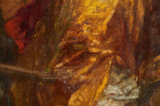 Painting. Detail view of brushstrokes in deep red, golden yellow, fawn brown, and white. The texture of the paint is visible against the canvas.