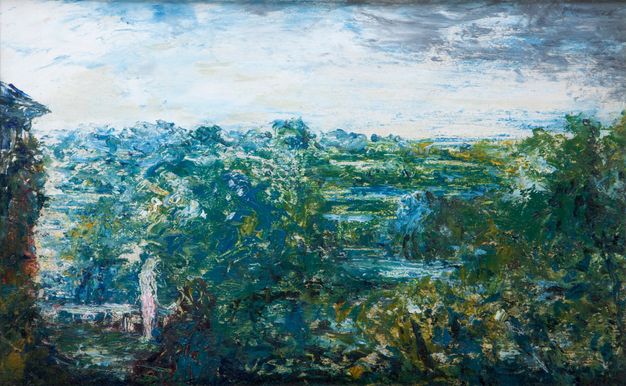Painting. Smudges and dabs of muted blue, olive and sage green, lavender grey, and brown create an impression of a forest landscape.