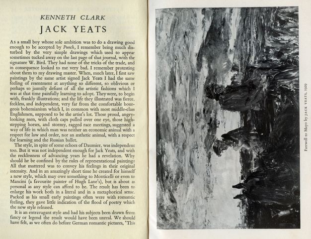 Pages of a book. The left page has text following the author’s name and title of the entry. The right page reproduces a loosely painted landscape scene sideways. The caption, along the long edge of the page, reads “Farewell to May by Jack Yeats, 1929”.
