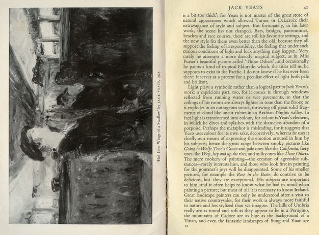 Pages of a book. A loosely painted scene is reproduced sideways on the left page, with the caption, “‘Had I the Wings of a Swallow’ by Jack Yeats, 1925”. Text fills the right page.
