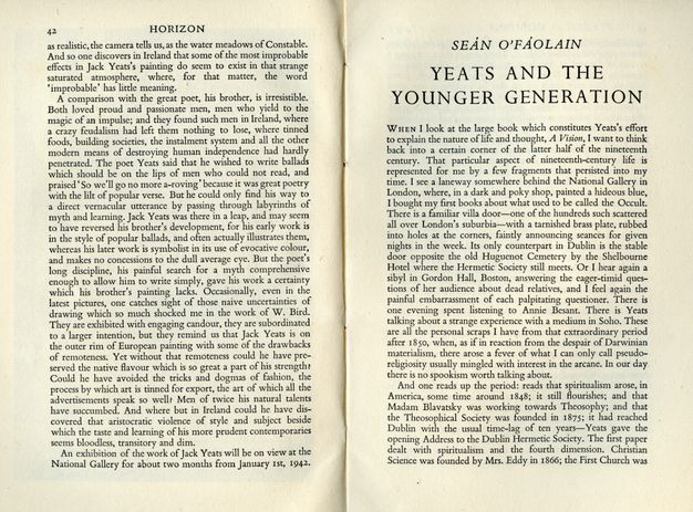 Pages of a book. The last page of an essay is to our left, under the heading “Horizon”. A new essay, “Yeats and the Younger Generation” by Seán O’Fáolain begins on the right page.