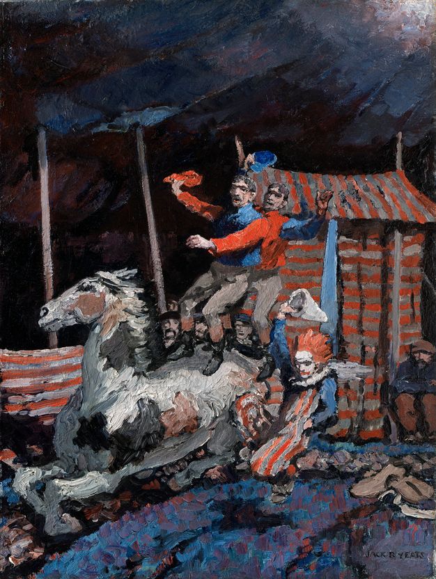 Painting. Two men wearing jockeys’ silks stand balanced on a galloping spotted, pinto horse around a circus ring. A red-haired, white-faced clown runs alongside, a conical hat held high. The scene is loosely painted with visible strokes, mostly in red, blue, white, grey, brown, and black.
