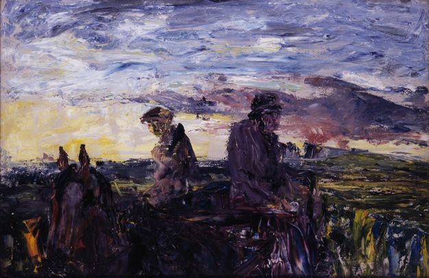 Painting. Two people sit astride horses in front of a landscape and setting sun. The horizon, which comes just under halfway up this composition, glows yellow to our left and the rest of the sky is cast into mauve pink and periwinkle purple. The scene is loosely painted, especially in the people’s features and the landscape.