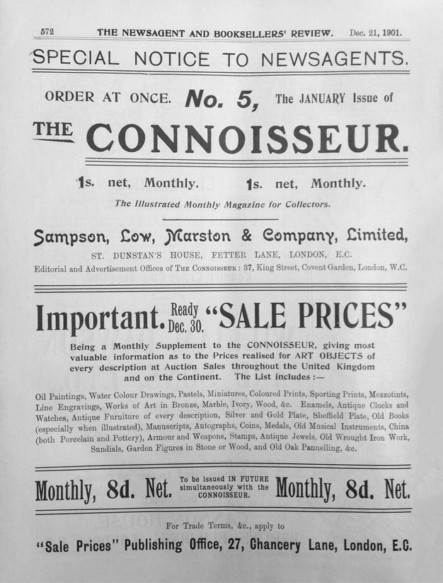 Ad. Large text across the top of this page reads, “Special Notice to Newsagents. Order at once. No. 5, The January Issue of The Connoisseur”. Text continues below.