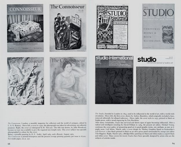 Pages of a book. Four front covers of “The Connoisseur” are illustrated in black and white on the left page, and four covers of the journal “The Studio”, which is also titled “studio international” on some covers, is to our right. Text along the bottom of each page gives a brief history of each.