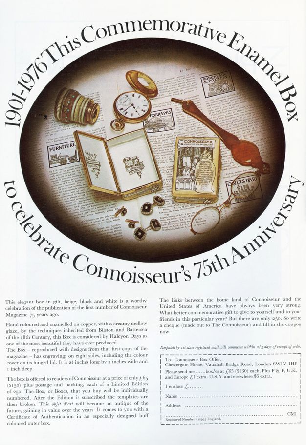 Ad. A colour reproduction in a sideways oval shows a collection of objects, including cufflinks, glasses, a pocket watch, and a loupe-like magnifying device, on a spread of printed pages. Text around the oval reads, “1901-1976 This Commemorative Enamel Box to celebrate Connoisseur’s 75th Anniversary”. Text continues in two columns below above an order form.