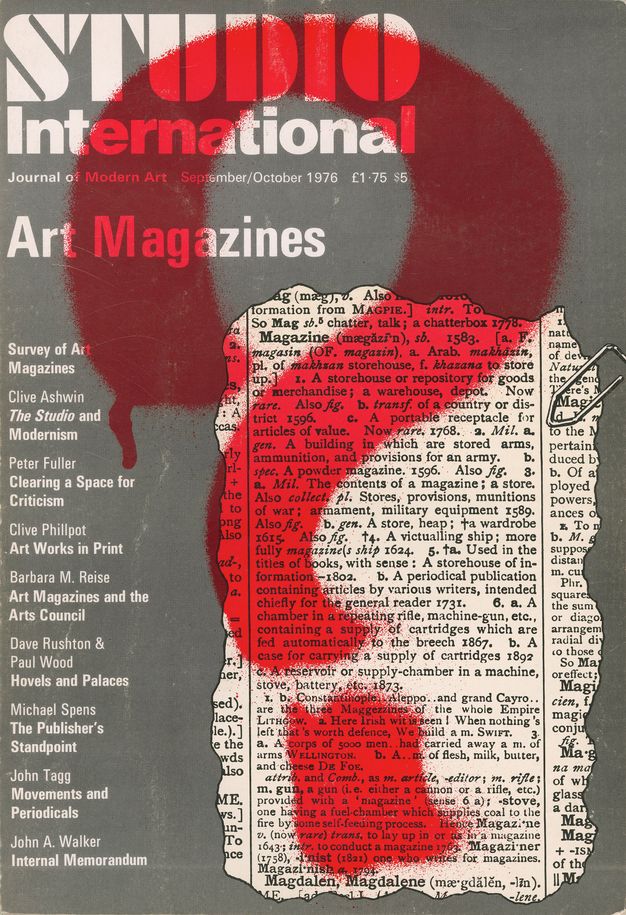 Periodical cover. The black and white cover has a table of contents down the left side and a fragment of a dictionary page containing the definition of “Magazine” to our right. A scarlet-red question mark appears to have been spray painted over the whole cover.