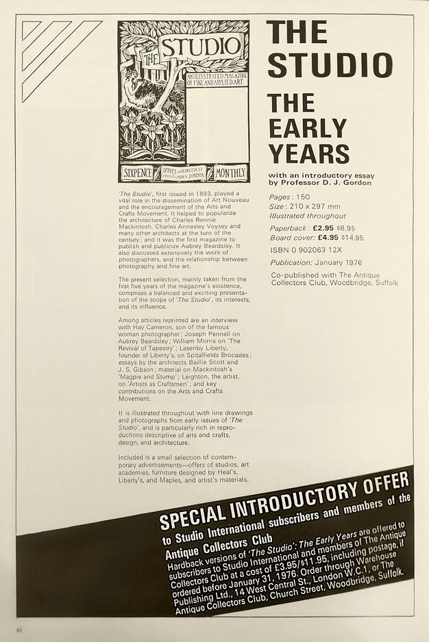 Ad. The front cover of the Studio International periodical is illustrated next to text reading, “The Studio The Early Years with an introductory essay by Professor D. J. Gordon”. A detailed write-up is printed over a banner reading, “Special Introductory Offer”.