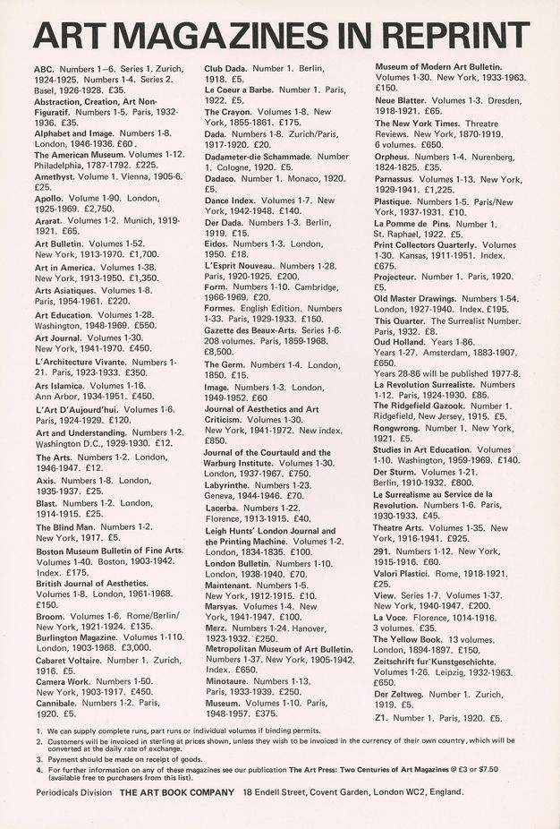 Ad. Text across the top of the page reads, “Art Magazines in Reprint”. Three columns of titles and prices follows.