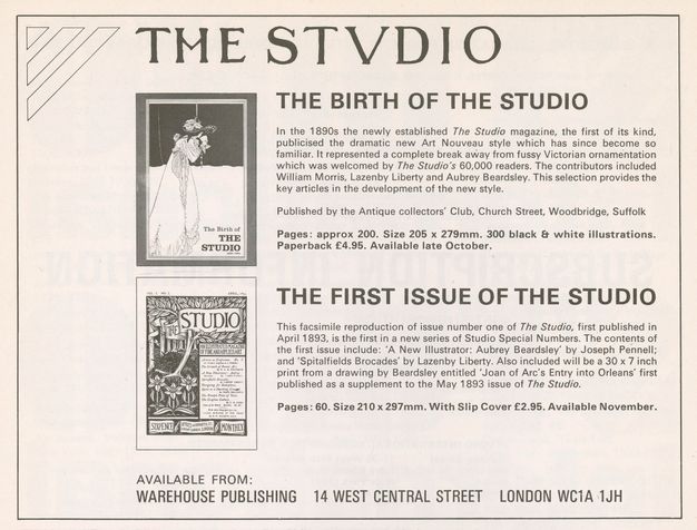 Ad. Two issues are illustrated and accompanied by text. The first entry reads, “The Birth of the Studio” and the second “The First Issue of the Studio”.