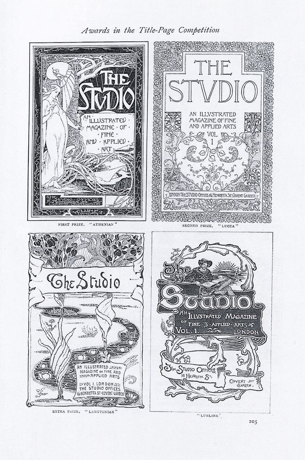 Illustration. Four covers of The Studio periodical reproduced here are line drawings or prints with curling foliations, flowers, and people in landscapes or purely ornamental designs. Each is captioned reading, from top left to bottom right, as follows: “First Prize, ‘Athenian’”, “Second Prize, ‘Lucca’”, “Extra Prize, ‘Langtonian’”, and “‘Lueline’”.