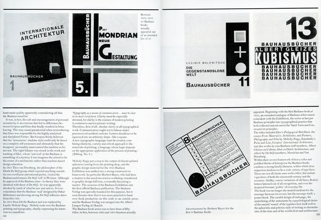 Periodical spread. Facing pages are illustrated with book cover designs and an ad, all in German. Text in English fills the rest of the page.