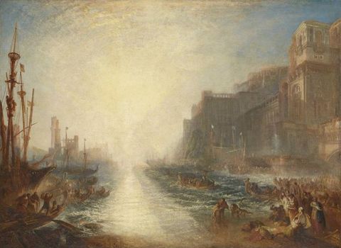 Painting. The sun shines in an almost blinding hourglass shape over the horizon that splits a body of water from a blue sky. Brown buildings, ships, and boats lining the waterway nearly dissolve in the impossible brightness. Crowds gather along the shore in front of us.