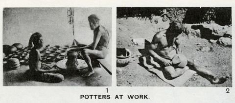 Illustration. Captioned “Potters at Work”, two black and white photographs show dark-skinned men sitting on the ground or on a low seat at a potter’s wheel or, to our right, smoothing the bottom of a bowl with a flat tool. The men wear loincloths and maybe head coverings.